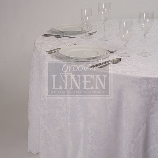 White Scalloped Damask Table Linen